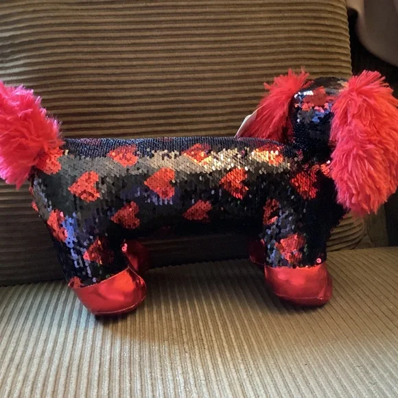 Valentines Black and Red Hearts Sequin DACHSHUND Reverse Plush Dog Weiner Retro - Picture 5 of 6